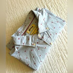 Men’s Goodthreads long sleeve button down pinstripe light blue/white w red crabs